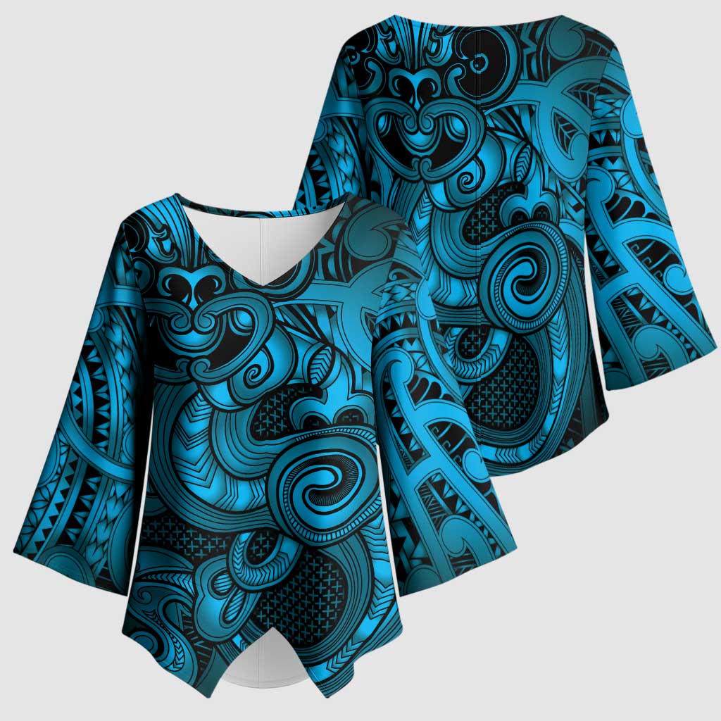 Aotearoa Maori Hei Tiki Kimono Sleeve Blouse Kikorangi Kowhaiwhai Puhoro Motif LT9 - Polynesian Pride