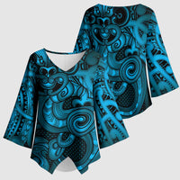 Aotearoa Maori Hei Tiki Kimono Sleeve Blouse Kikorangi Kowhaiwhai Puhoro Motif LT9 - Polynesian Pride