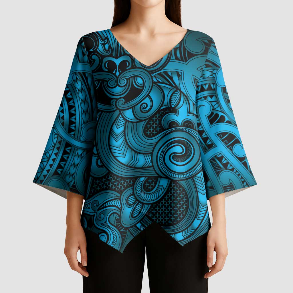 Aotearoa Maori Hei Tiki Kimono Sleeve Blouse Kikorangi Kowhaiwhai Puhoro Motif LT9 - Polynesian Pride