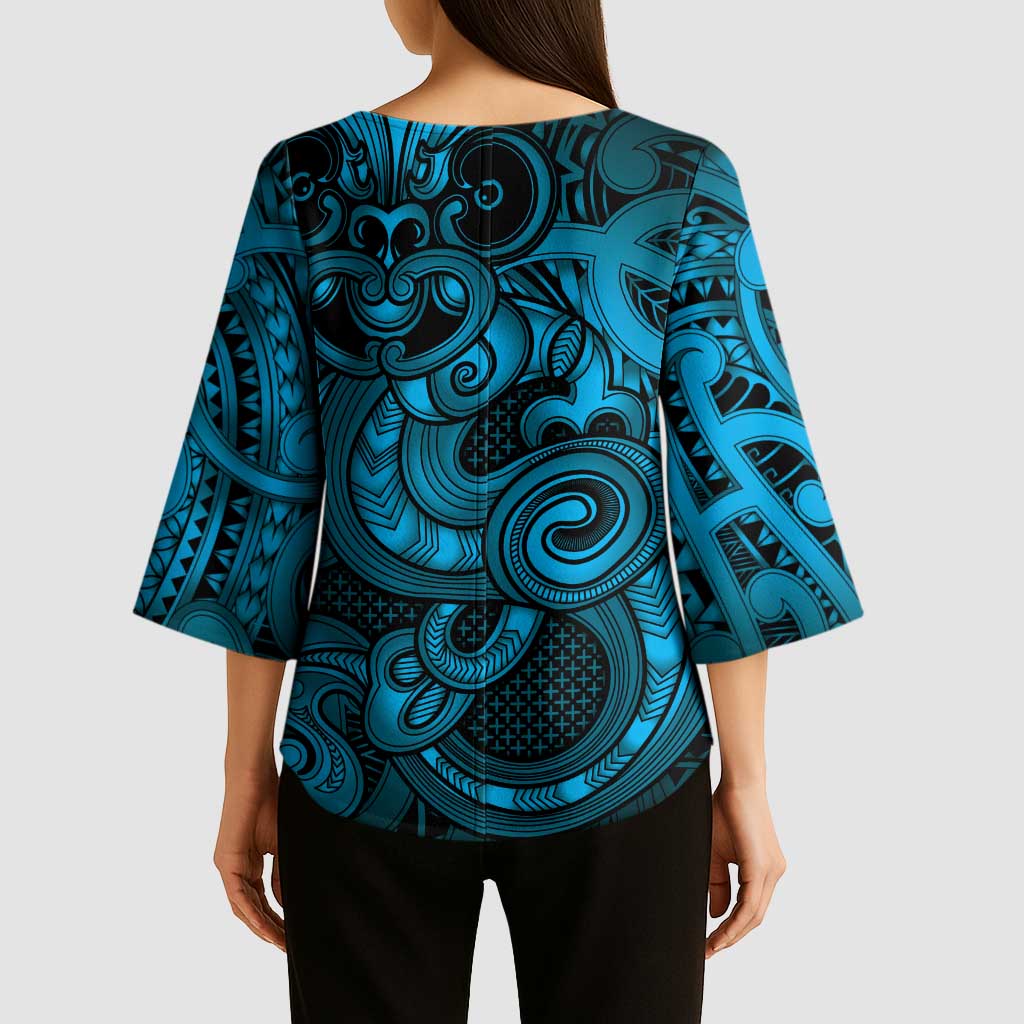 Aotearoa Maori Hei Tiki Kimono Sleeve Blouse Kikorangi Kowhaiwhai Puhoro Motif LT9 - Polynesian Pride