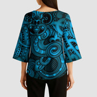 Aotearoa Maori Hei Tiki Kimono Sleeve Blouse Kikorangi Kowhaiwhai Puhoro Motif LT9 - Polynesian Pride