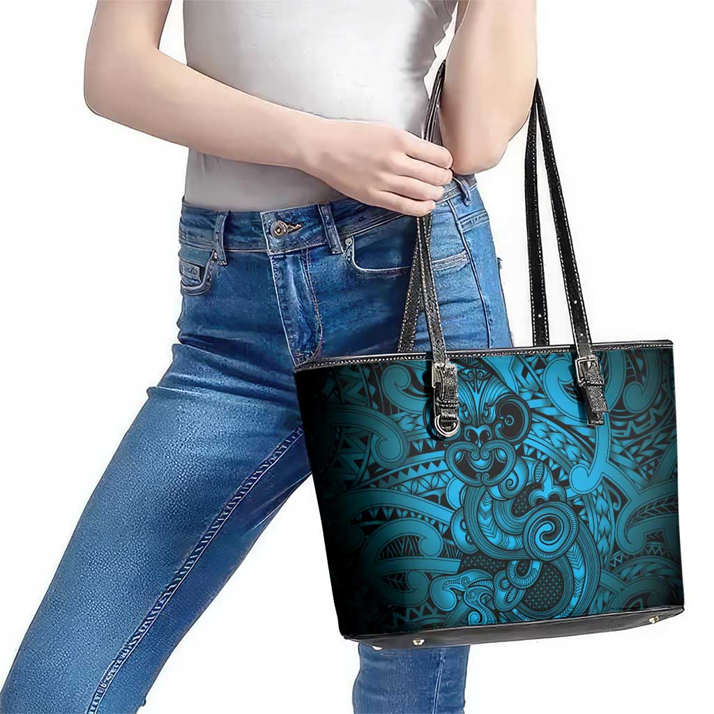 Aotearoa Maori Hei Tiki Leather Tote Bag Kikorangi Kowhaiwhai Puhoro Motif LT9 - Polynesian Pride