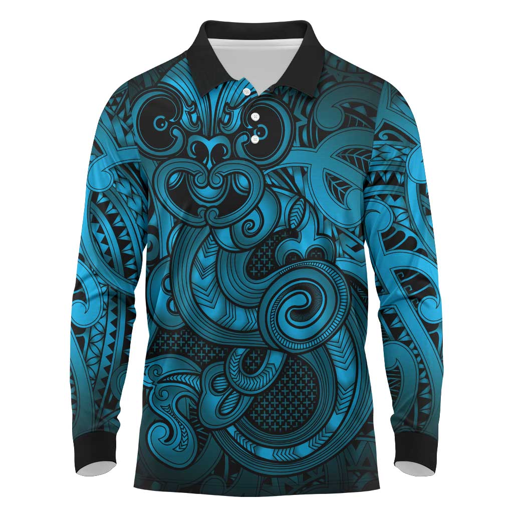 Aotearoa Maori Hei Tiki Long Sleeve Polo Shirt Kikorangi Kowhaiwhai Puhoro Motif LT9 Blue - Polynesian Pride