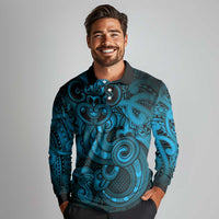 Aotearoa Maori Hei Tiki Long Sleeve Polo Shirt Kikorangi Kowhaiwhai Puhoro Motif LT9 - Polynesian Pride