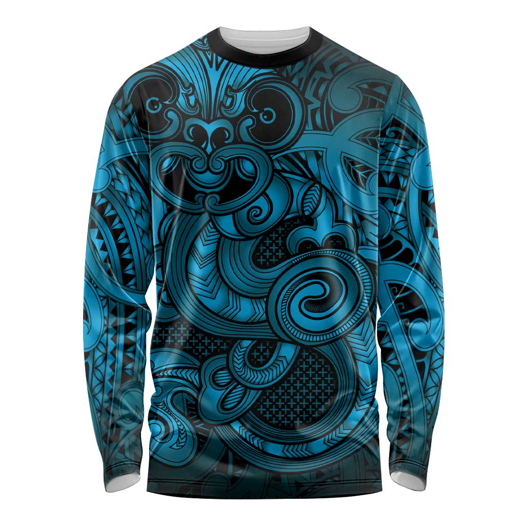 Aotearoa Maori Hei Tiki Long Sleeve Shirt Kikorangi Kowhaiwhai Puhoro Motif LT9 Unisex Blue - Polynesian Pride