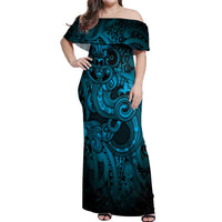 Aotearoa Maori Hei Tiki Off Shoulder Maxi Dress Kikorangi Kowhaiwhai Puhoro Motif LT9 Women Blue - Polynesian Pride