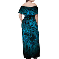Aotearoa Maori Hei Tiki Off Shoulder Maxi Dress Kikorangi Kowhaiwhai Puhoro Motif LT9 - Polynesian Pride