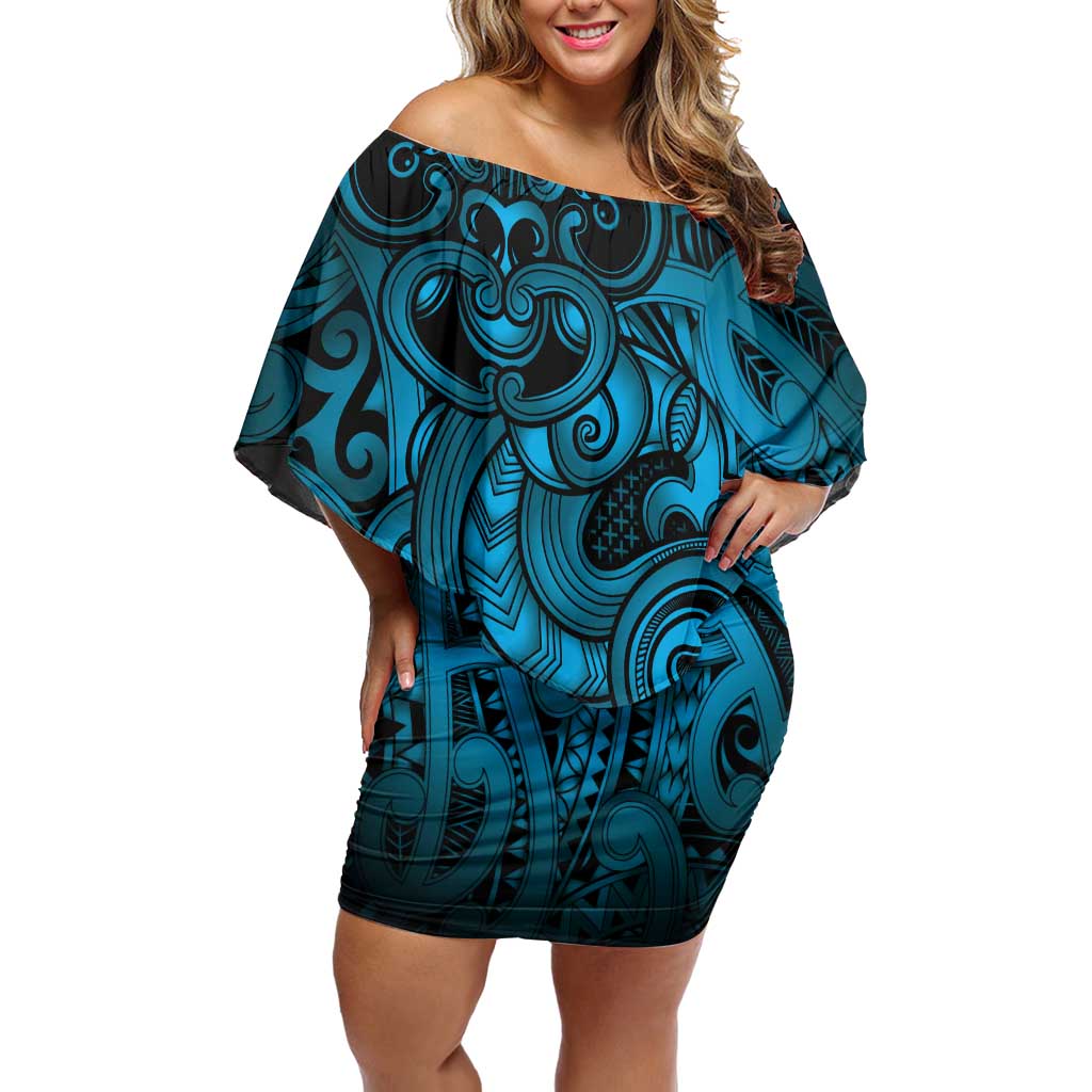Aotearoa Maori Hei Tiki Off Shoulder Short Dress Kikorangi Kowhaiwhai Puhoro Motif