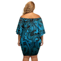Aotearoa Maori Hei Tiki Off Shoulder Short Dress Kikorangi Kowhaiwhai Puhoro Motif LT9 - Polynesian Pride