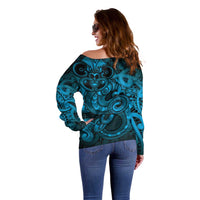 Aotearoa Maori Hei Tiki Off Shoulder Sweater Kikorangi Kowhaiwhai Puhoro Motif LT9 - Polynesian Pride