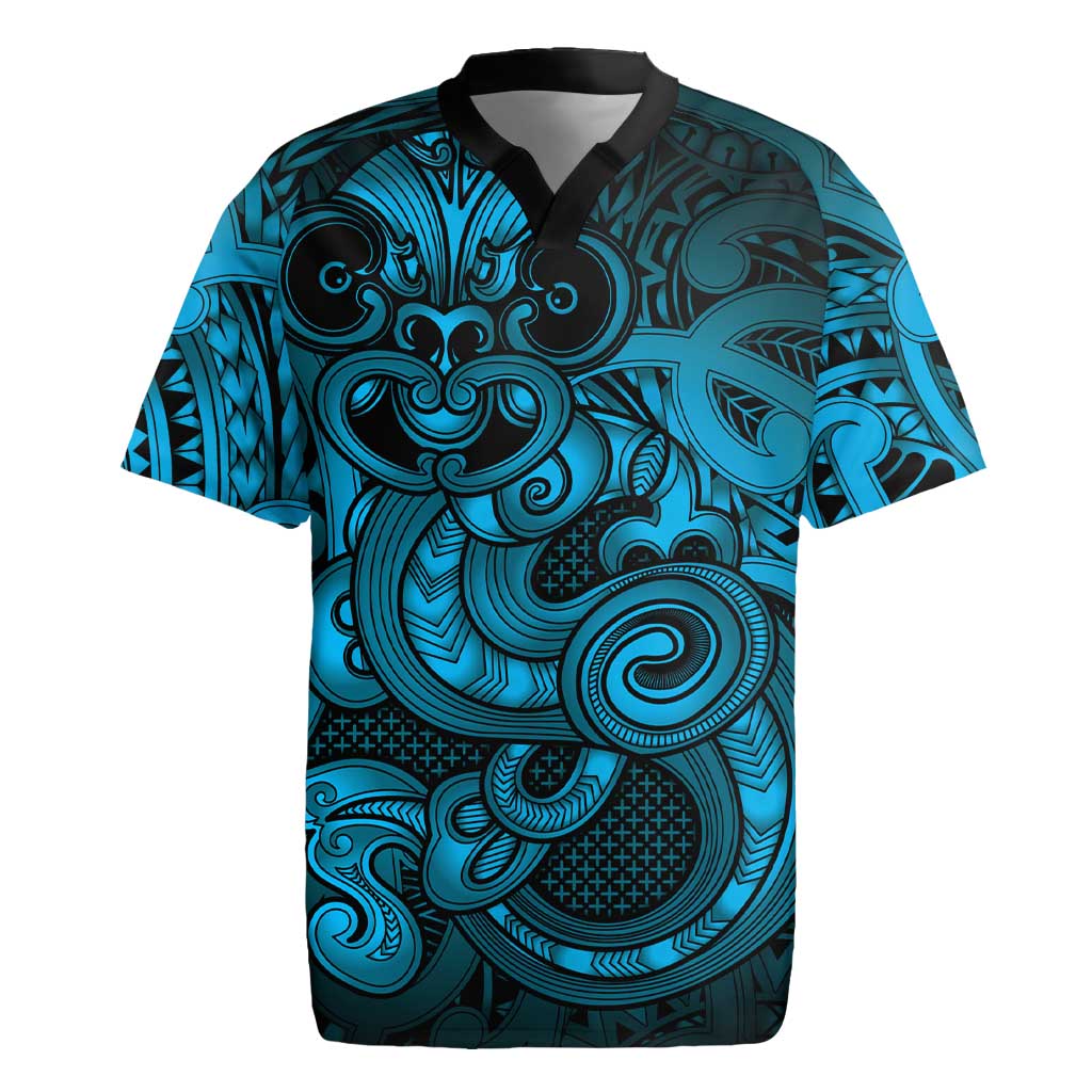 Aotearoa Maori Hei Tiki Rugby Jersey Kikorangi Kowhaiwhai Puhoro Motif LT9 Blue - Polynesian Pride