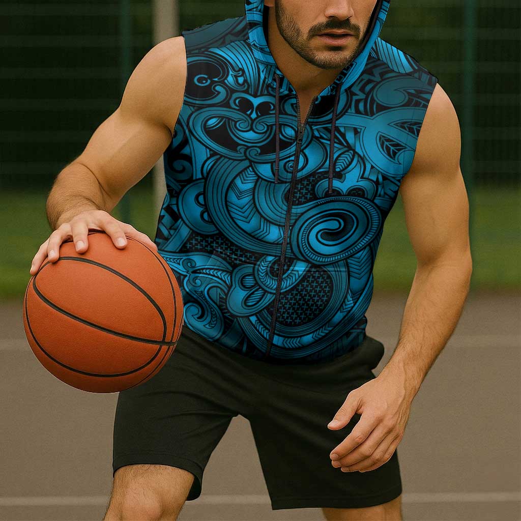 Aotearoa Maori Hei Tiki Sleeveless Zip Hoodie Kikorangi Kowhaiwhai Puhoro Motif LT9 - Polynesian Pride