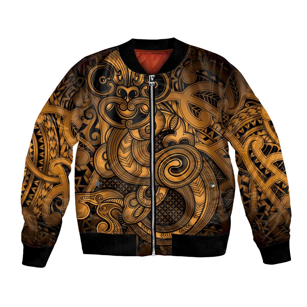 Aotearoa Maori Hei Tiki Bomber Jacket Koura Kowhaiwhai Puhoro Motif LT9 Unisex Gold - Polynesian Pride