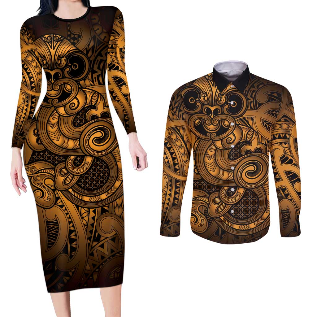 Aotearoa Maori Hei Tiki Couples Matching Long Sleeve Bodycon Dress and Long Sleeve Button Shirt Koura Kowhaiwhai Puhoro Motif LT9 Gold - Polynesian Pride