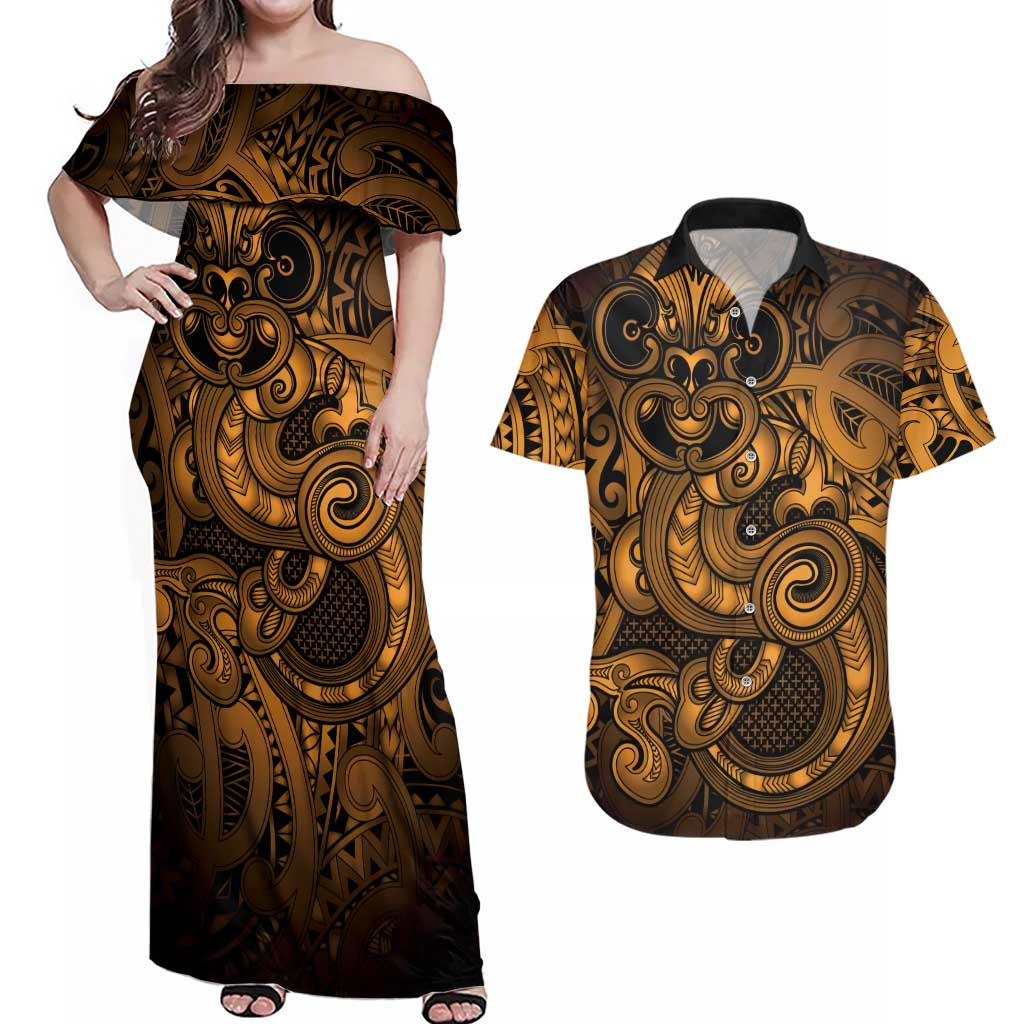 Aotearoa Maori Hei Tiki Couples Matching Off Shoulder Maxi Dress and Hawaiian Shirt Koura Kowhaiwhai Puhoro Motif LT9 Gold - Polynesian Pride