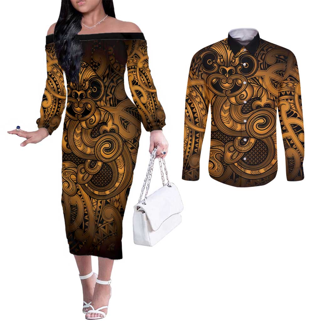 Aotearoa Maori Hei Tiki Couples Matching Off The Shoulder Long Sleeve Dress and Long Sleeve Button Shirt Koura Kowhaiwhai Puhoro Motif