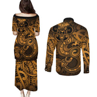Aotearoa Maori Hei Tiki Couples Matching Puletasi and Long Sleeve Button Shirt Koura Kowhaiwhai Puhoro Motif LT9 - Polynesian Pride