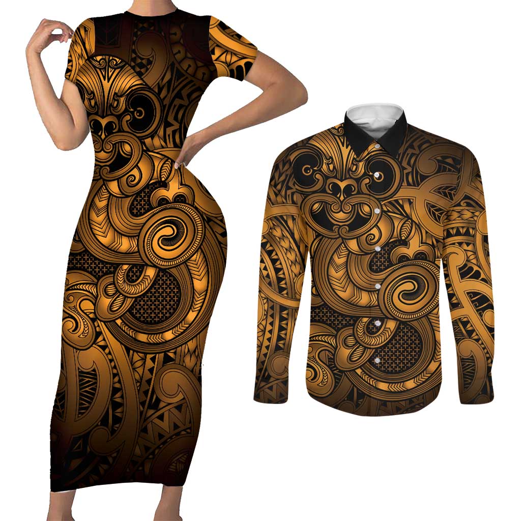Aotearoa Maori Hei Tiki Couples Matching Short Sleeve Bodycon Dress and Long Sleeve Button Shirt Koura Kowhaiwhai Puhoro Motif LT9 Gold - Polynesian Pride