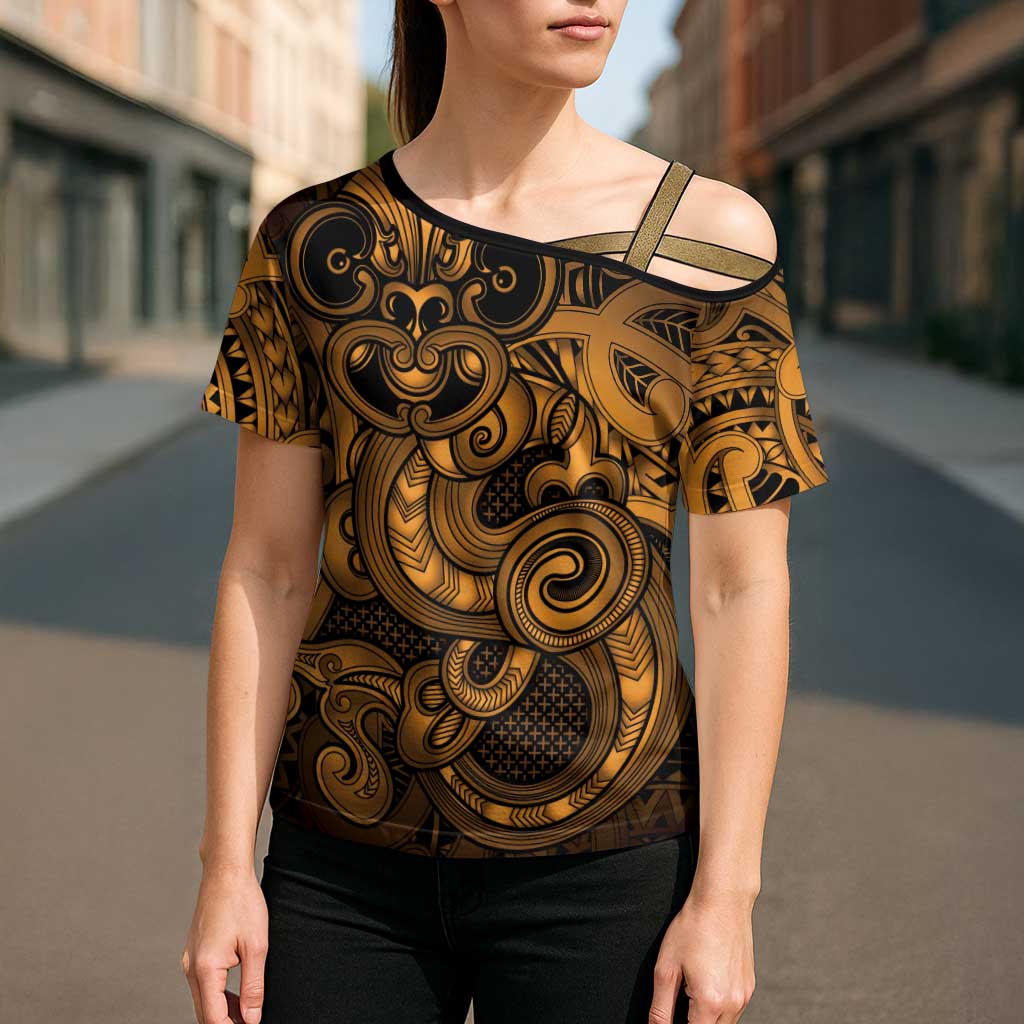 Aotearoa Maori Hei Tiki Cross Shoulder Shirt Koura Kowhaiwhai Puhoro Motif LT9 - Polynesian Pride