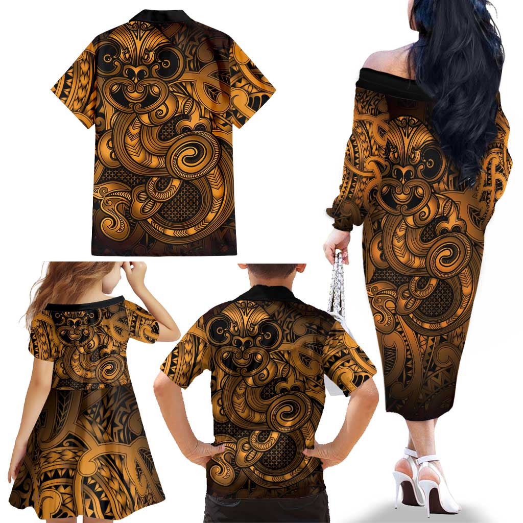 Aotearoa Maori Hei Tiki Family Matching Off The Shoulder Long Sleeve Dress and Hawaiian Shirt Koura Kowhaiwhai Puhoro Motif LT9 - Polynesian Pride