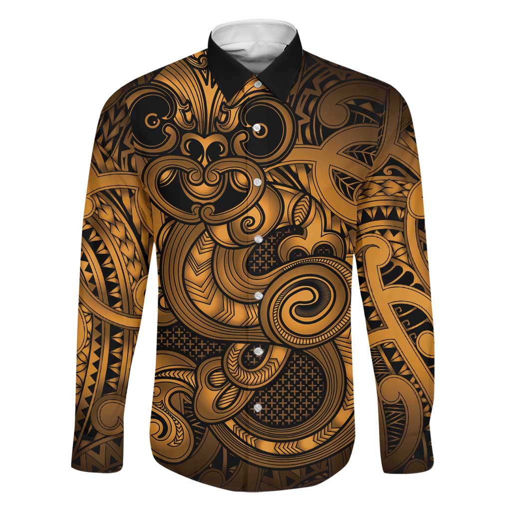 Aotearoa Maori Hei Tiki Family Matching Off The Shoulder Long Sleeve Dress and Hawaiian Shirt Koura Kowhaiwhai Puhoro Motif LT9 Dad's Shirt - Long Sleeve Gold - Polynesian Pride