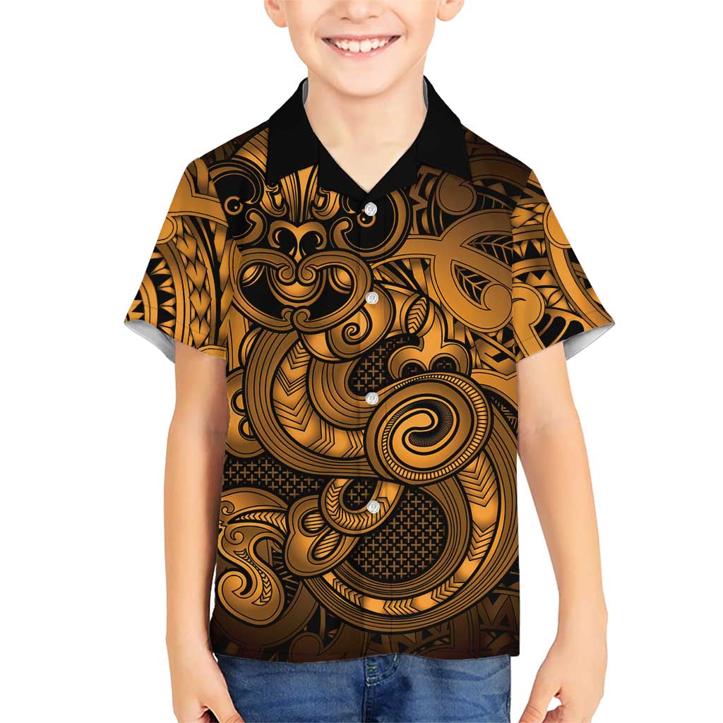 Aotearoa Maori Hei Tiki Family Matching Off Shoulder Maxi Dress and Hawaiian Shirt Koura Kowhaiwhai Puhoro Motif LT9 Son's Shirt Gold - Polynesian Pride