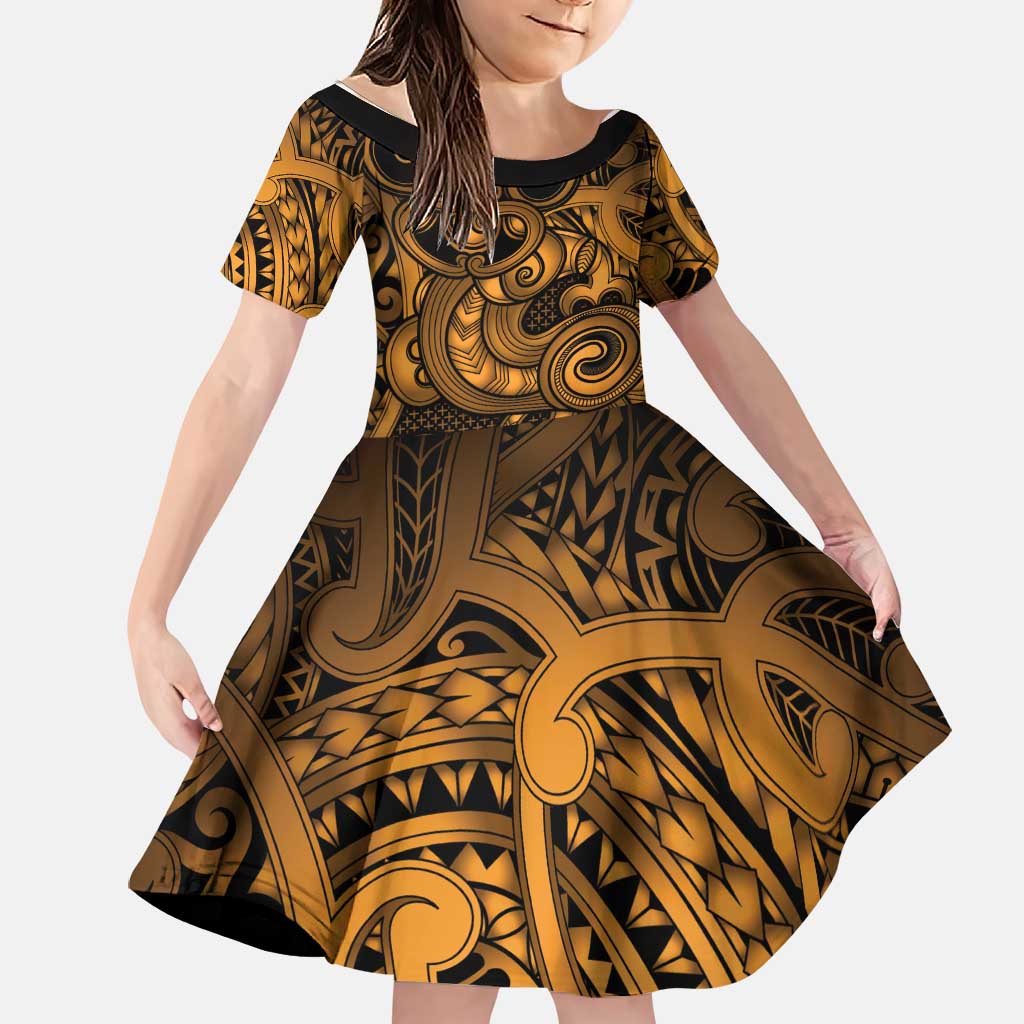 Aotearoa Maori Hei Tiki Family Matching Puletasi and Hawaiian Shirt Koura Kowhaiwhai Puhoro Motif LT9 Daughter's Dress Gold - Polynesian Pride