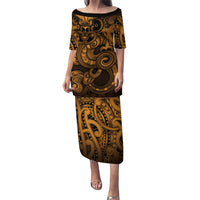 Aotearoa Maori Hei Tiki Family Matching Puletasi and Hawaiian Shirt Koura Kowhaiwhai Puhoro Motif LT9 Mom's Dress Gold - Polynesian Pride
