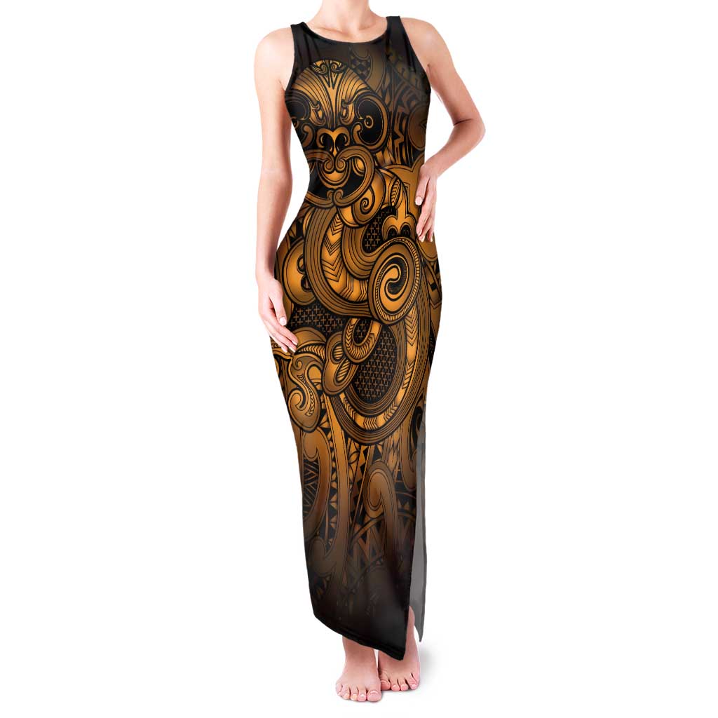 Aotearoa Maori Hei Tiki Family Matching Tank Maxi Dress and Hawaiian Shirt Koura Kowhaiwhai Puhoro Motif LT9 Mom's Dress Gold - Polynesian Pride