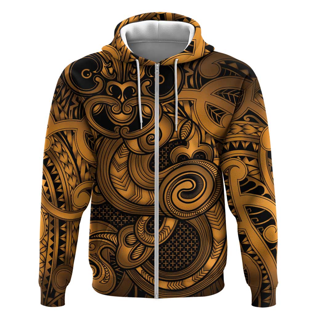Aotearoa Maori Hei Tiki Hoodie Koura Kowhaiwhai Puhoro Motif LT9 Zip Hoodie Gold - Polynesian Pride