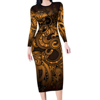 Aotearoa Maori Hei Tiki Long Sleeve Bodycon Dress Koura Kowhaiwhai Puhoro Motif LT9 Long Dress Gold - Polynesian Pride