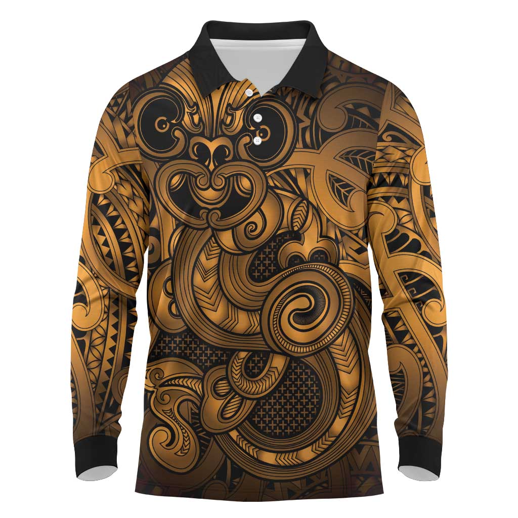 Aotearoa Maori Hei Tiki Long Sleeve Polo Shirt Koura Kowhaiwhai Puhoro Motif LT9 Gold - Polynesian Pride