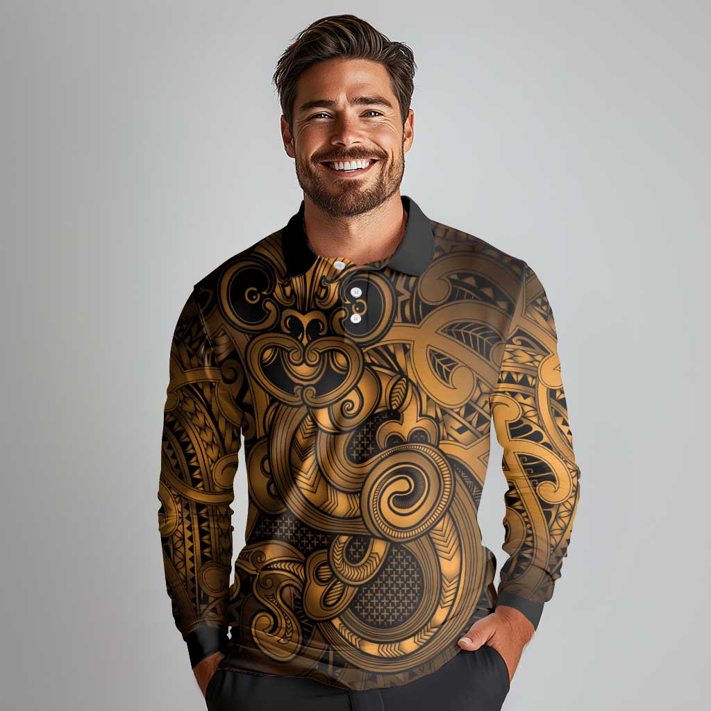 Aotearoa Maori Hei Tiki Long Sleeve Polo Shirt Koura Kowhaiwhai Puhoro Motif LT9 - Polynesian Pride