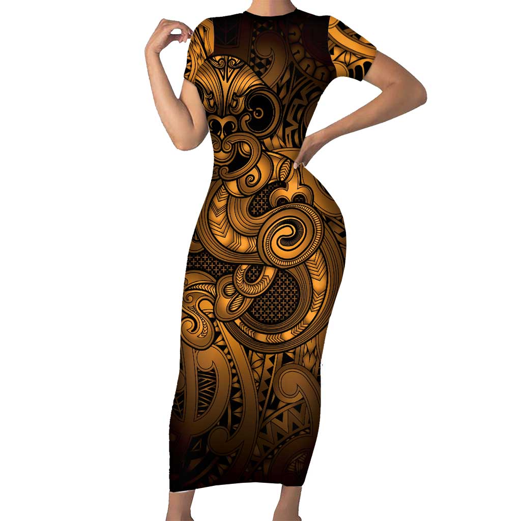 Aotearoa Maori Hei Tiki Short Sleeve Bodycon Dress Koura Kowhaiwhai Puhoro Motif LT9 Long Dress Gold - Polynesian Pride