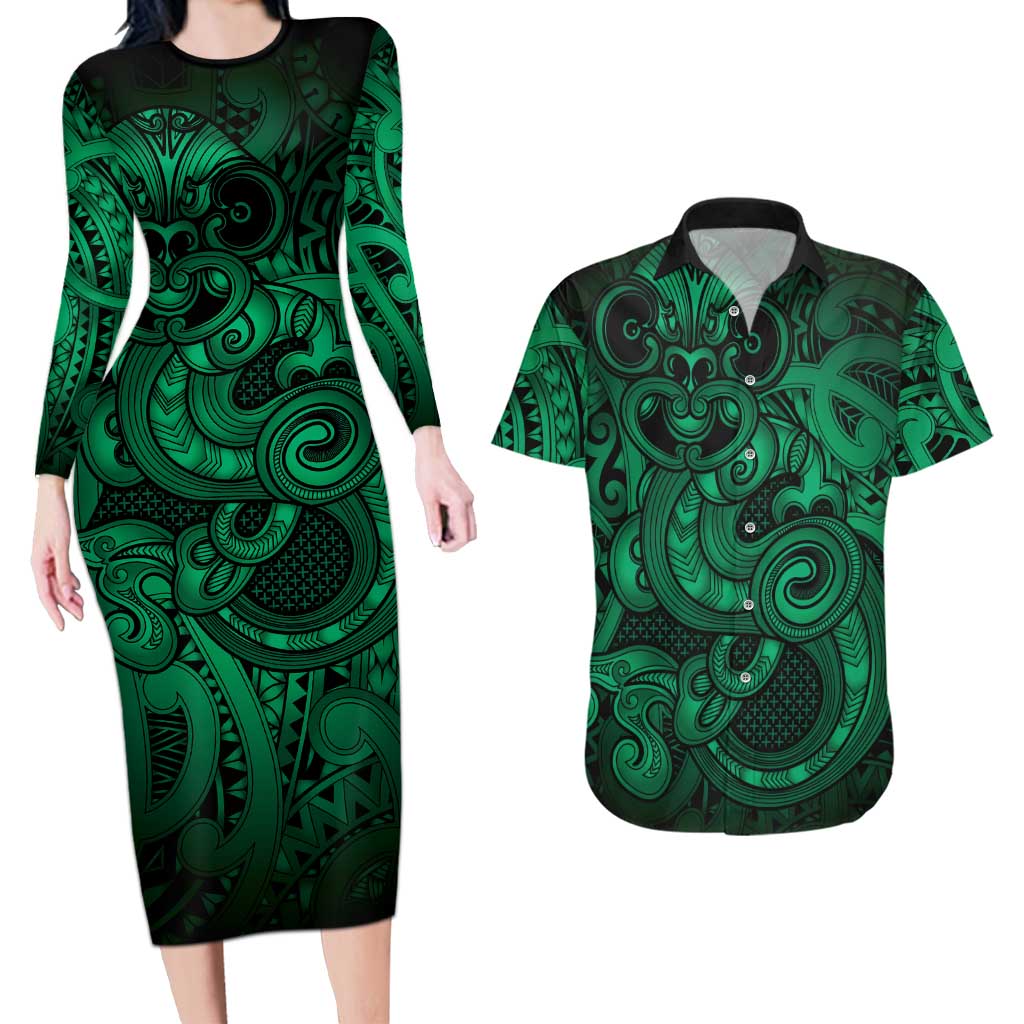 Aotearoa Maori Hei Tiki Couples Matching Long Sleeve Bodycon Dress and Hawaiian Shirt Kakariki Kowhaiwhai Puhoro Motif