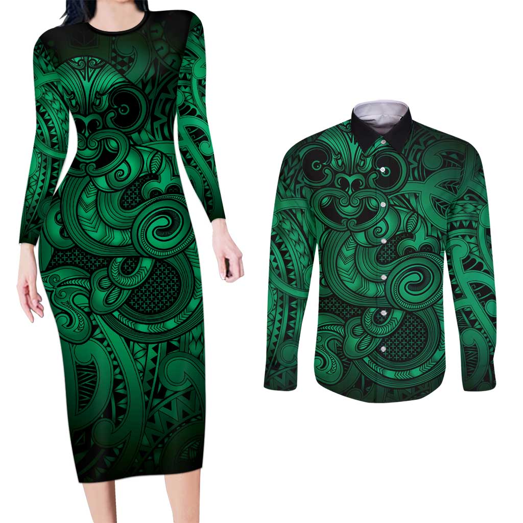 Aotearoa Maori Hei Tiki Couples Matching Long Sleeve Bodycon Dress and Long Sleeve Button Shirt Kakariki Kowhaiwhai Puhoro Motif LT9 Green - Polynesian Pride