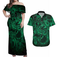 Aotearoa Maori Hei Tiki Couples Matching Off Shoulder Maxi Dress and Hawaiian Shirt Kakariki Kowhaiwhai Puhoro Motif LT9 Green - Polynesian Pride