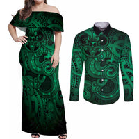 Aotearoa Maori Hei Tiki Couples Matching Off Shoulder Maxi Dress and Long Sleeve Button Shirt Kakariki Kowhaiwhai Puhoro Motif LT9 Green - Polynesian Pride