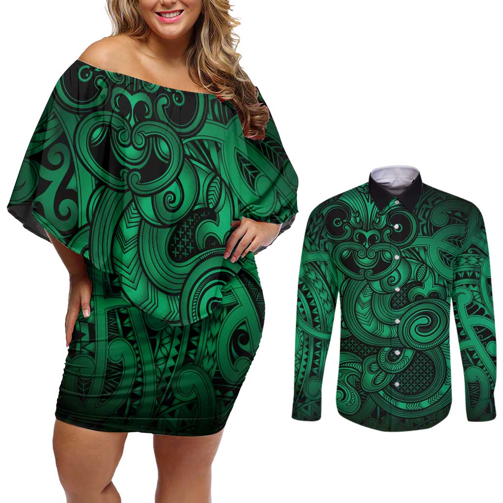 Aotearoa Maori Hei Tiki Couples Matching Off Shoulder Short Dress and Long Sleeve Button Shirt Kakariki Kowhaiwhai Puhoro Motif LT9 Green - Polynesian Pride