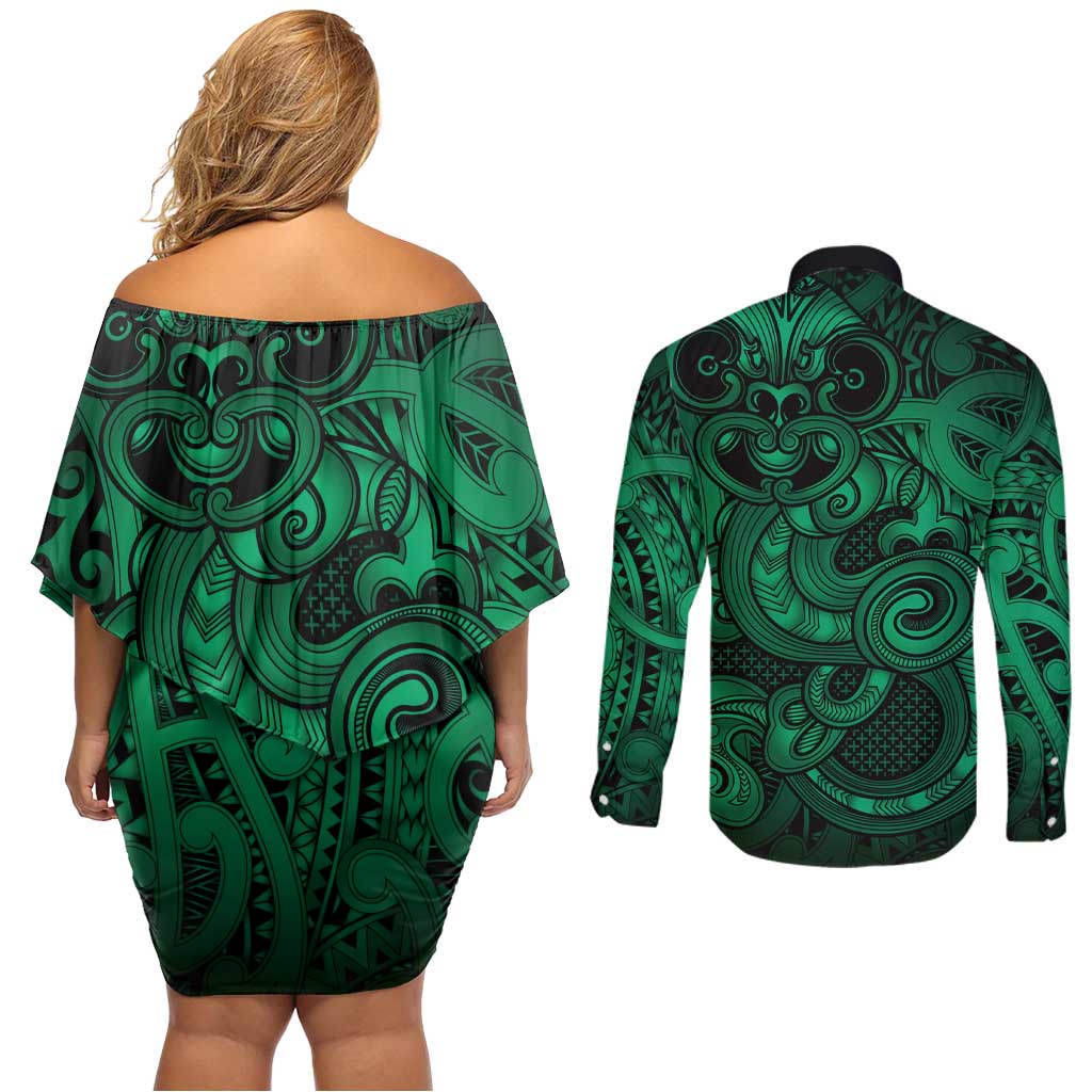 Aotearoa Maori Hei Tiki Couples Matching Off Shoulder Short Dress and Long Sleeve Button Shirt Kakariki Kowhaiwhai Puhoro Motif LT9 - Polynesian Pride