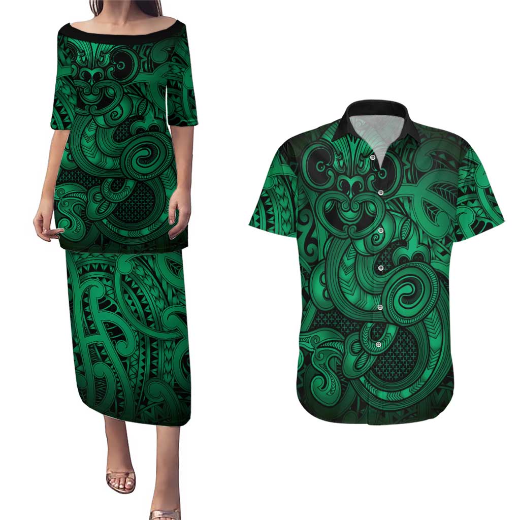 Aotearoa Maori Hei Tiki Couples Matching Puletasi and Hawaiian Shirt Kakariki Kowhaiwhai Puhoro Motif LT9 Green - Polynesian Pride