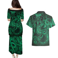 Aotearoa Maori Hei Tiki Couples Matching Puletasi and Hawaiian Shirt Kakariki Kowhaiwhai Puhoro Motif LT9 - Polynesian Pride