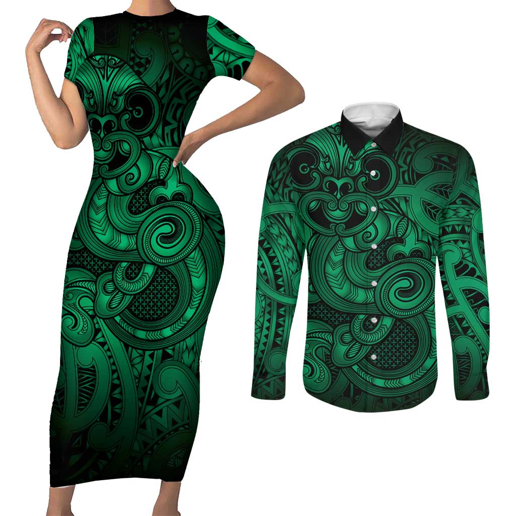 Aotearoa Maori Hei Tiki Couples Matching Short Sleeve Bodycon Dress and Long Sleeve Button Shirt Kakariki Kowhaiwhai Puhoro Motif