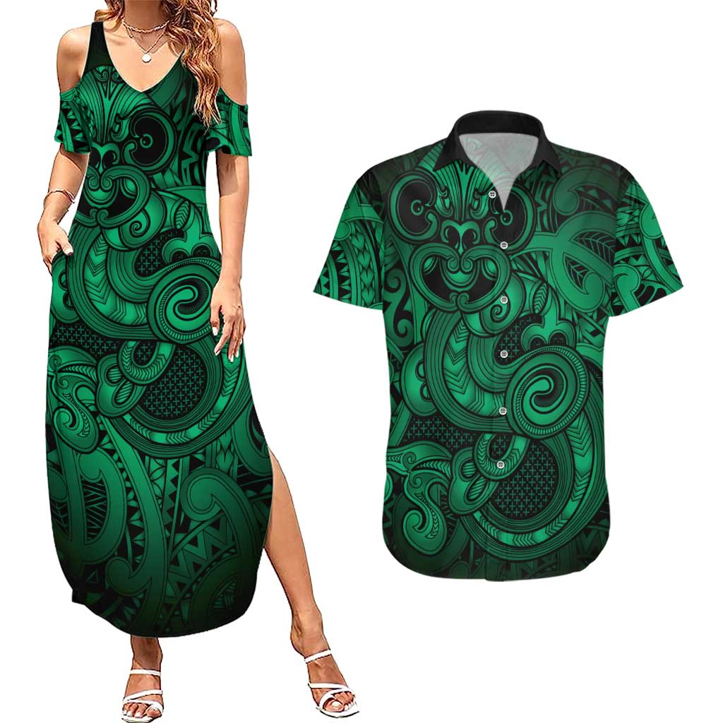 Aotearoa Maori Hei Tiki Couples Matching Summer Maxi Dress and Hawaiian Shirt Kakariki Kowhaiwhai Puhoro Motif LT9 Green - Polynesian Pride