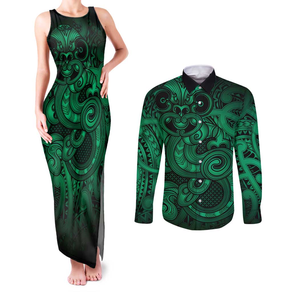 Aotearoa Maori Hei Tiki Couples Matching Tank Maxi Dress and Long Sleeve Button Shirt Kakariki Kowhaiwhai Puhoro Motif LT9 Green - Polynesian Pride