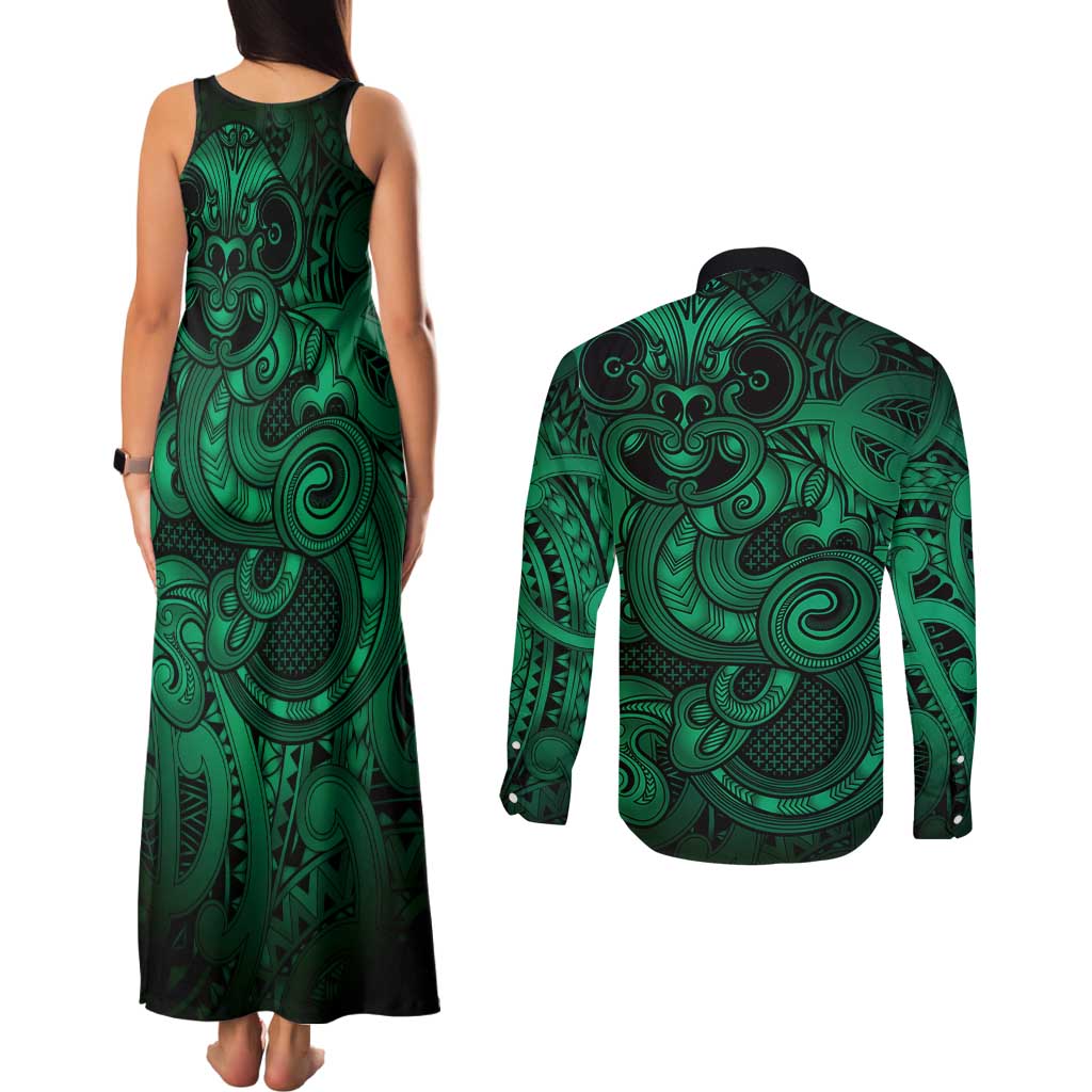 Aotearoa Maori Hei Tiki Couples Matching Tank Maxi Dress and Long Sleeve Button Shirt Kakariki Kowhaiwhai Puhoro Motif LT9 - Polynesian Pride