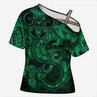 Aotearoa Maori Hei Tiki Cross Shoulder Shirt Kakariki Kowhaiwhai Puhoro Motif LT9 Female Green - Polynesian Pride