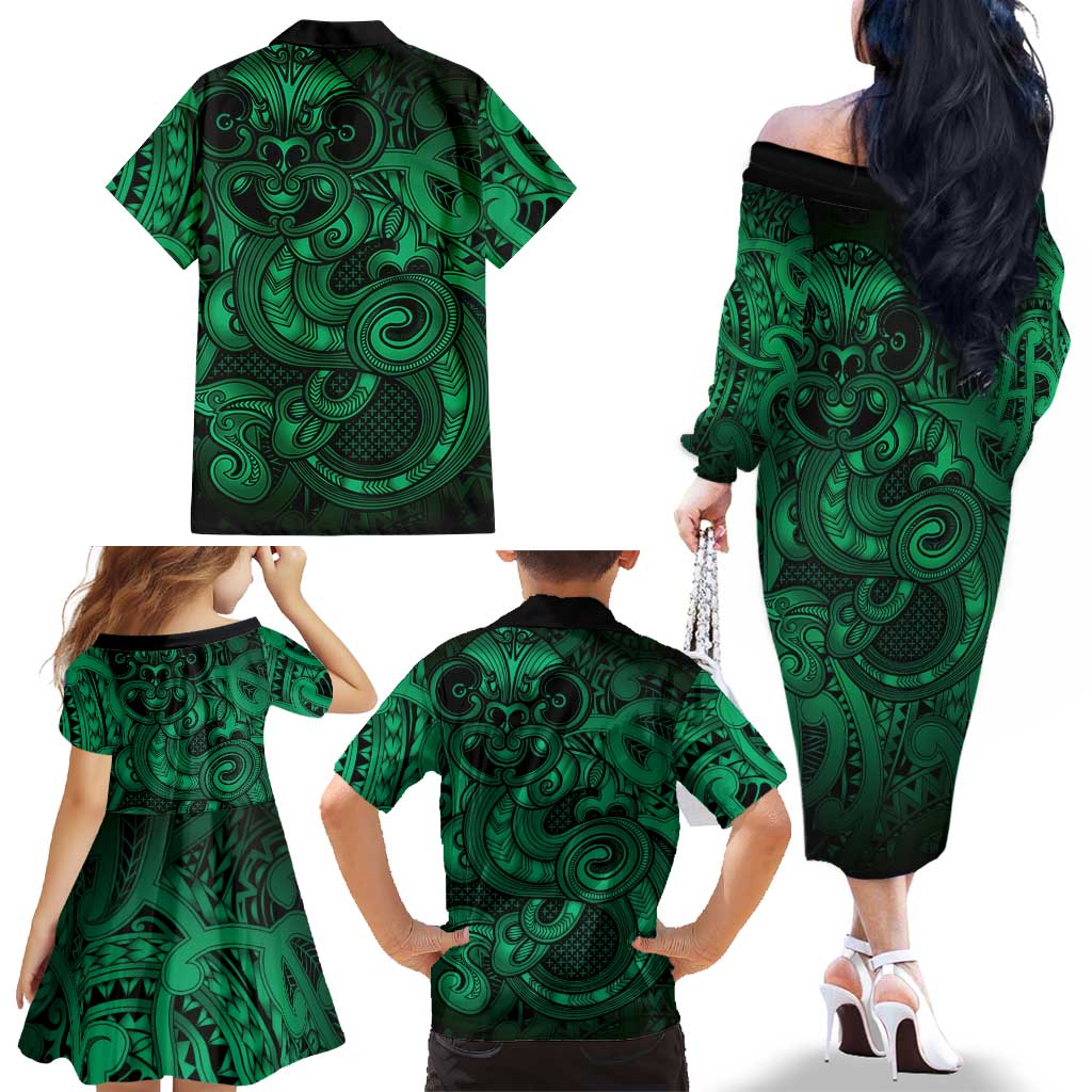 Aotearoa Maori Hei Tiki Family Matching Off The Shoulder Long Sleeve Dress and Hawaiian Shirt Kakariki Kowhaiwhai Puhoro Motif LT9 - Polynesian Pride