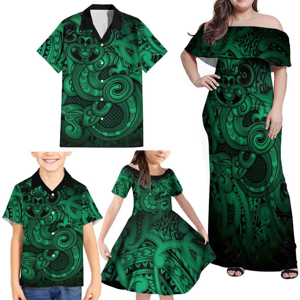 Aotearoa Maori Hei Tiki Family Matching Off Shoulder Maxi Dress and Hawaiian Shirt Kakariki Kowhaiwhai Puhoro Motif LT9 - Polynesian Pride