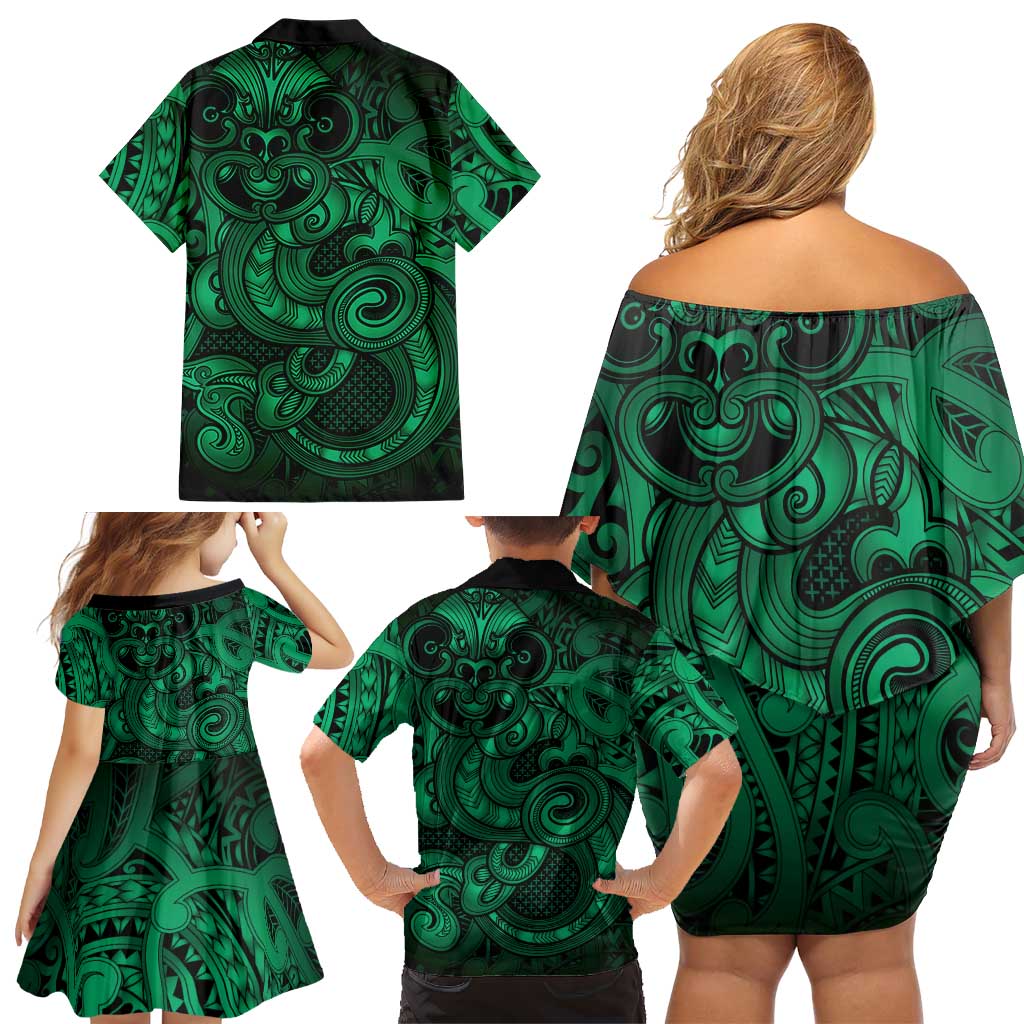 Aotearoa Maori Hei Tiki Family Matching Off Shoulder Short Dress and Hawaiian Shirt Kakariki Kowhaiwhai Puhoro Motif LT9 - Polynesian Pride